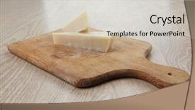  Presentation with triangle - Audience pleasing slides consisting of two fresh triangle french delicacy parmesan cheese pieces on wooden cut board over table backdrop and a light gray colored foreground