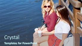  Presentation with water park - Cool new PPT layouts with two friendly girls with plastic glasses of coffee sitting on wooden bench by water while relaxing on sunny day in park backdrop and a ocean colored foreground