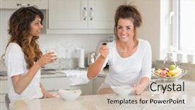  Presentation with cereal - PPT theme featuring two friends eating bowls of cereal while standing in a kitchen background and a soft green colored foreground