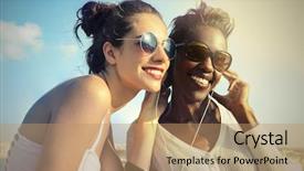  Presentation with music brass - PPT layouts featuring two friends listening to music background and a coral colored foreground