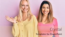  Presentation with hand palm - Cool new slide deck with two-friends-standing-together-over backdrop and a lemonade colored foreground