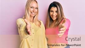  Presentation with pink business - Beautiful presentation theme featuring two-friends-standing-together-over backdrop and a yellow colored foreground