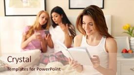  Presentation with girl reading - Slides enhanced with two friends using mobile phones and one girl reading book on a bed in living room background and a lemonade colored foreground
