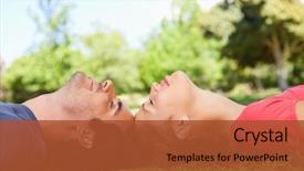  Presentation with closed - Presentation design having two friends with their eyes closed as they lie head to head on the grass background and a red colored foreground