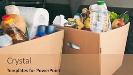  Presentation with grocery store - Amazing PPT theme having two-full-cardboard-eco-boxes backdrop and a coral colored foreground