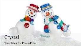  Presentation with cylinder - Theme having two fun dancing snowman in a striped scarfs mittens and cylinder hat isolated on white background background and a light gray colored foreground