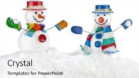  Presentation with cylinder - Audience pleasing PPT layouts consisting of two fun dancing snowmans in a striped scarfs mittens and cylinder hat isolated on white background backdrop and a white colored foreground