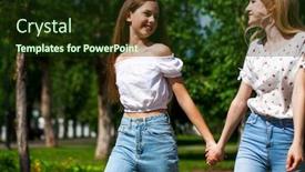  Presentation with teenagers - Beautiful presentation design featuring two-funny-girlfriends-teenagers backdrop and a tawny brown colored foreground