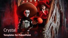  Presentation with day dead - Slide set with two funny kids in carnival costumes in an old wooden house with pumpkins dia de los muertos day of the dead halloween background and a wine colored foreground