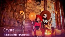  Presentation with spider web - Colorful presentation design enhanced with two funny kids in witch and skeleton costumes celebrate halloween wooden decorations with pumpkins spider web and spider halloween dia de los muertos day of the dead backdrop and a violet colored foreground