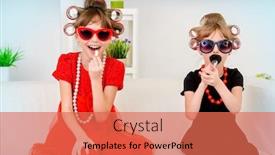  Presentation with family fashion - Cool new theme with two funny little girls with curlers in their hair make themselves a make-up kid's fashion family at home backdrop and a coral colored foreground