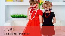  Presentation with family fashion - Colorful presentation theme enhanced with two funny little girls with curlers in their hair make themselves a make-up kid's fashion family at home backdrop and a red colored foreground