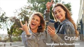 Presentation with listening woman - Beautiful PPT theme featuring two funny woman friends posing backdrop and a violet colored foreground