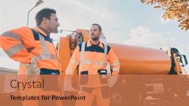  Presentation with garbage - Audience pleasing PPT theme consisting of two-garbage-removal-service-workers backdrop and a coral colored foreground