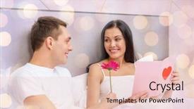  Presentation with relationships - PPT theme having relationships holidays valentines day and love concept - smiling couple in bed with postcard and pink flower over lights background background and a lemonade colored foreground