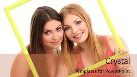  Presentation with smiling little girl - Theme with two girl friends smiling isolated background and a  colored foreground