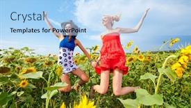  Presentation with sunflowers - Audience pleasing PPT layouts consisting of two girlfriends having fun in field of sunflowers backdrop and a light blue colored foreground