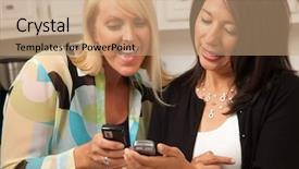  Presentation with cell phones - Beautiful presentation theme featuring two girlfriends sharing with their cell phones in the kitchen backdrop and a coral colored foreground