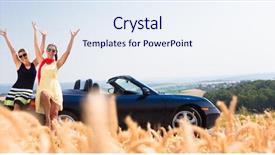  Presentation with car - Cool new presentation theme with two girls - women having joyride in convertible backdrop and a sky blue colored foreground