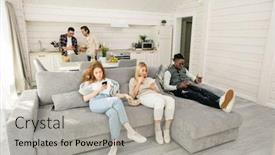  Presentation with smartphones - PPT layouts consisting of two-girls-and-guy background and a light gray colored foreground