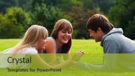  Presentation with power of one - Beautiful PPT theme featuring two girls and one guy backdrop and a gold colored foreground