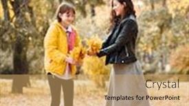  Presentation with sports table tennis two ping - Cool new PPT theme with two girls are in autumn city park they pick leaves backdrop and a yellow colored foreground