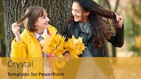  Presentation with show - Colorful PPT layouts enhanced with two girls are in autumn city park they stand near tree and show hair backdrop and a gold colored foreground