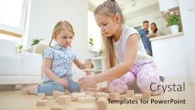  Presentation with building blocks - Slide deck with two-girls-build-tower background and a soft green colored foreground