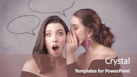  Presentation with sharing - Audience pleasing slide deck consisting of two girls chatting and sharing their secrets concept with drawn chat bubbles on the background urban wall backdrop and a coral colored foreground