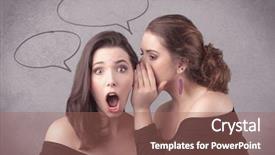  Presentation with sharing - Slides featuring two girls chatting and sharing their secrets concept with drawn chat bubbles on the background urban wall background and a coral colored foreground