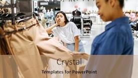  Presentation with trousers - Beautiful PPT layouts featuring two-girls-choosing-trousers backdrop and a coral colored foreground