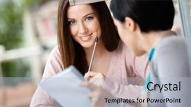  Presentation with communicate - Colorful theme enhanced with two girls communicate sitting at the table at the library contact concept backdrop and a light blue colored foreground