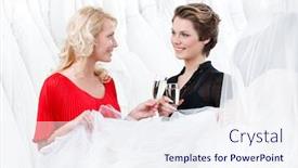  Presentation with alcoholic - Slide deck with two girls drink alcoholic drinks while discussing and choosing the wedding gown background and a sky blue colored foreground