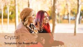  Presentation with talk - Amazing slide set having two girls having a pleasant talk while walking the autumn park backdrop and a coral colored foreground