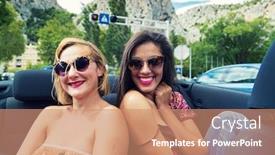  Presentation with filter - Colorful PPT layouts enhanced with two girls having fun at the back seat of convertible color process filter applied backdrop and a coral colored foreground