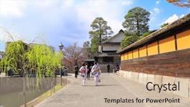  Presentation with traditional japan - Audience pleasing PPT layouts consisting of two girls in traditional japanese backdrop and a mint green colored foreground