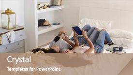  Presentation with cheerful stylish city girl using - Amazing PPT layouts having two girls lying on bed backdrop and a coral colored foreground
