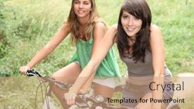  Presentation with bicycle - Beautiful PPT theme featuring two-girls-on-a-bicycle backdrop and a coral colored foreground