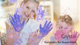  Presentation with handprints - Audience pleasing presentation theme consisting of two-girls-paint-many-handprints backdrop and a coral colored foreground