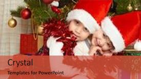  Presentation with fir tree - Slides having two girls portrait in christmas decoration winter holiday concept decorated fir tree and gifts background and a red colored foreground