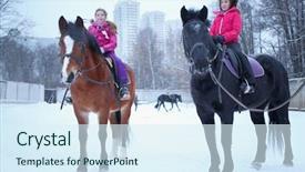  Presentation with equestrian - Beautiful slides featuring two girls sitting on horseback at the equestrian site near the residential complex backdrop and a sky blue colored foreground