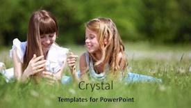  Presentation with summer time - Beautiful PPT theme featuring two girls spending time together in the summer park backdrop and a seafoam green colored foreground