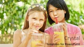  Presentation with healthy drink - Beautiful theme featuring two girls together drink healthy orange juice with the straw backdrop and a yellow colored foreground
