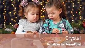  Presentation with illumination - Slides featuring two girls unpack gifts in christmas decoration dark background with illumination and boke lights winter holiday concept background and a coral colored foreground