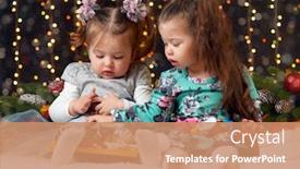  Presentation with illumination - Cool new slide deck with two girls unpack gifts in christmas decoration dark background with illumination and boke lights winter holiday concept backdrop and a coral colored foreground