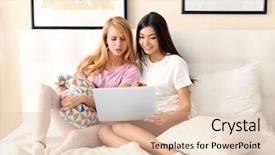  Presentation with cheerful stylish city girl using - Beautiful PPT theme featuring two girls using laptop together on a bed in living room backdrop and a lemonade colored foreground