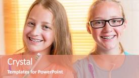  Presentation with dental - Audience pleasing PPT theme consisting of two girls with dental retainers backdrop and a coral colored foreground