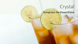  Presentation with ice blue - Audience pleasing presentation consisting of two glass of ice tea or cola with sliced lime and straws on light blue surface backdrop and a soft green colored foreground