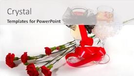  Presentation with red bow - Presentation theme featuring two glasses of champagne decorated with black and white bow knots carnations and red twisted ribbon white background copy space background and a light gray colored foreground