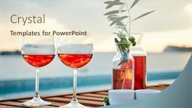  Presentation with blue rose - Slide set having two glasses of rose wine with olives against blue water on a pier background and a cream colored foreground